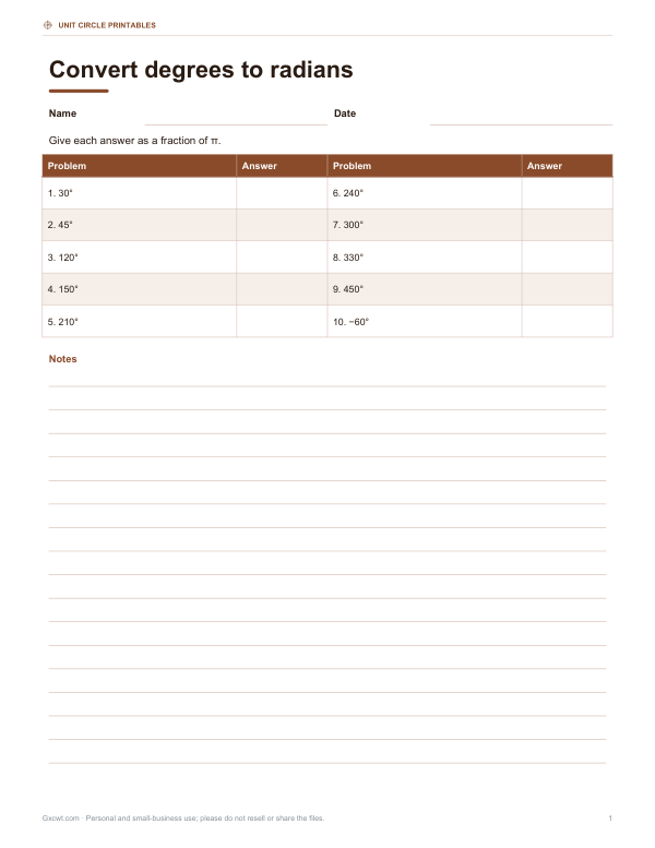 Preview of Degrees to Radians Printable Worksheet