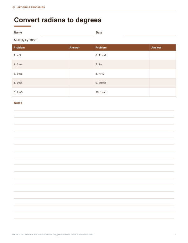 Preview of Radians to Degrees Worksheet